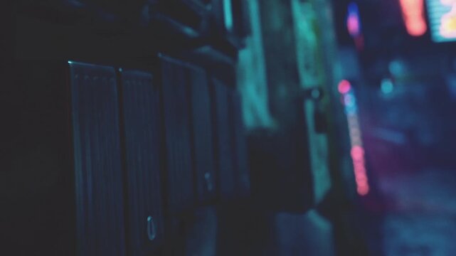 A person walks through a dark alley at night in a city. Street lights and neon signs illuminate the surroundings. A row of mailboxes is visible on one side.
