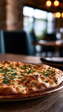 Freshly baked cheese pizza sprinkled with chopped herbs served on a wooden table inside a cozy restaurant with warm lighting and blurred background