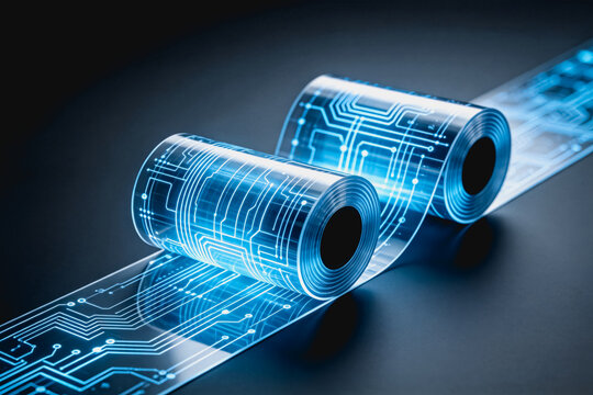 Translucent flexible electronic circuit film with glowing conductive traces rolled on cores, representing advanced electronics technology.