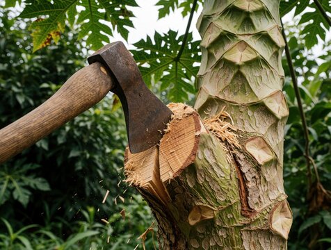 Traditional axe with wooden handle used to chop papaya tree, slicing through thick, ridged bark to reveal soft, light-colored wood inside. Axe positioned near center of tree, wood shavings scattered