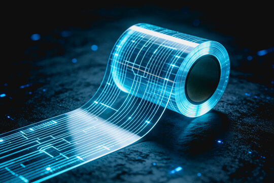 A transparent flexible electronic film roll with glowing circuit traces, placed on a dark textured surface.