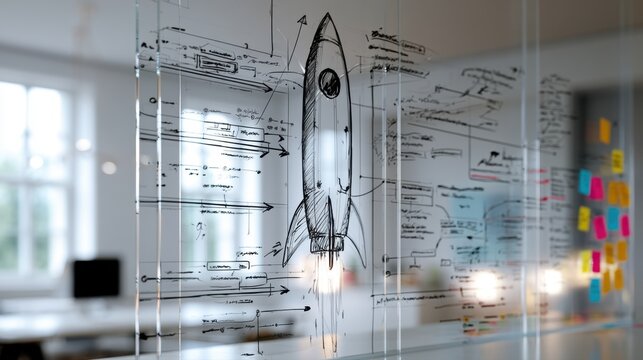Transparent board with rocket sketch and complex project planning diagrams in a modern office workspace with natural light and color-coded notes