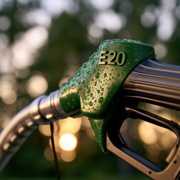 Green fuel pump nozzle labeled e20 covered with water droplets during a golden hour with soft bokeh of natural outdoor background trees and sunlight
