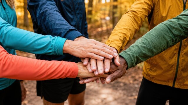 Trail Running Team Stacking Hands in Autumn Forest