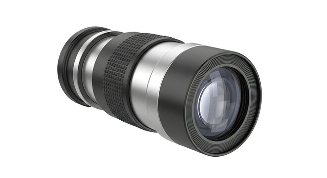 Modern Camera Lens with Zoom Ring and Glass Elements on White Background