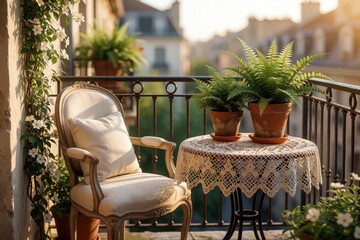 Fototapeta premium Small urban balcony with cozy furniture at sunset. White vintage chair with cushion, round table with lace tablecloth sit near green fern plants. Tiny outdoor terrace with flowers offers peaceful