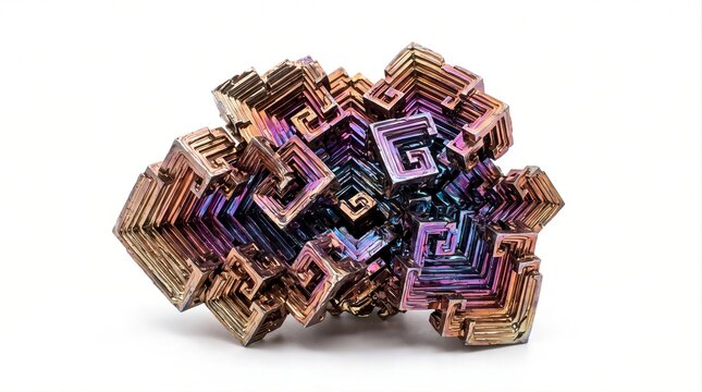 Natural bismuth crystal specimen featuring distinctive geometric stair-step formations and colorful metallic iridescence, isolated on a white background.