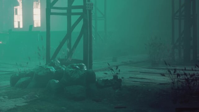 Light filters through broken windows in a large abandoned building. Dust and mist fill the space. There are piles of debris on the floor. Nature starts to reclaim the area.