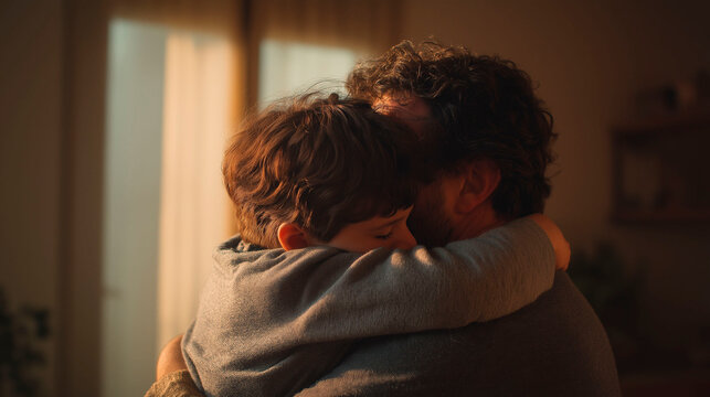 father hugging his son at home warm emotional moment family connection love and care soft light cozy interior with copyspace concept of parenting support and mental health