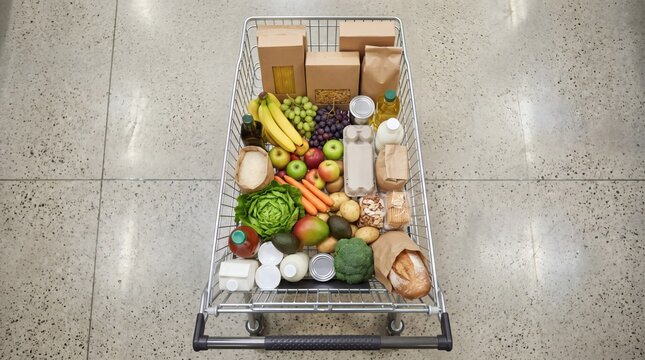 Overhead view of a full shopping cart filled with fresh groceries including fruits vegetables bread dairy and pantry staples on a concrete floor