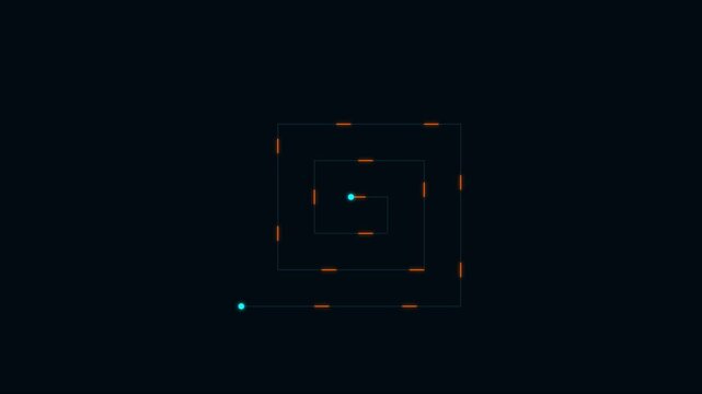 Minimalist square spiral motion with glowing cyan point and orange dash markers animation 4k abstract