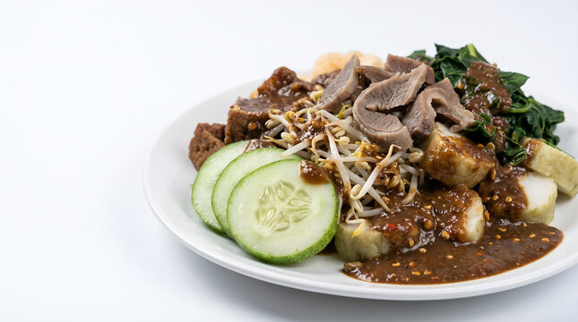 Authentic East Javanese rujak cingur with vegetables, tofu, rice cake and savory peanut sauce, isolated on white for menus, tourism and culinary advertising.