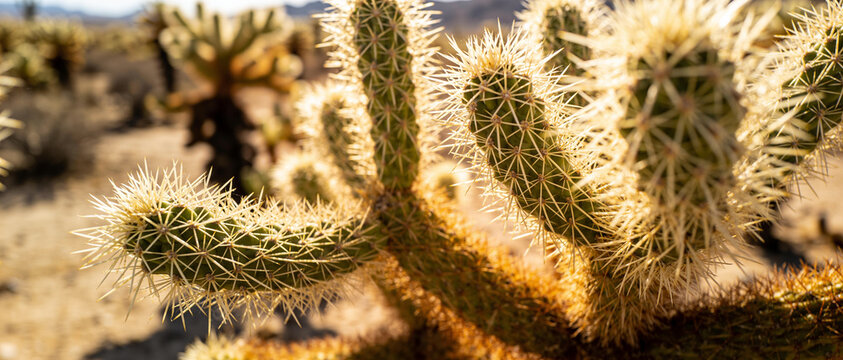 Cholla cactus close up in desert landscape. Golden hour sunlight illuminating sharp white needles of jumping cholla. Arid wilderness scenery.