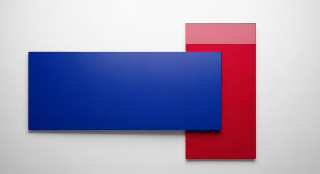 Minimalist abstract composition featuring overlapping royal blue and crimson red rectangles on a white backdrop with gloss and matte textures, block, shapes, reflection
