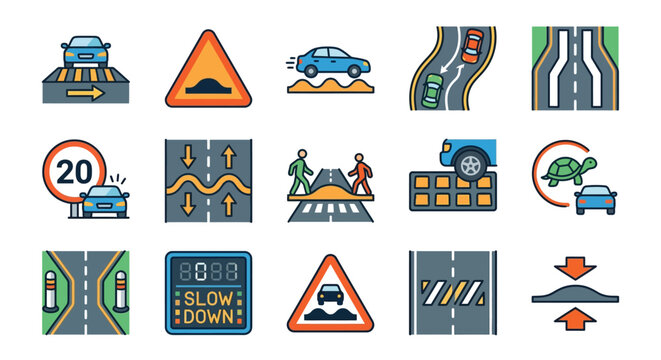 Traffic Calming and Road Safety Icon Set featuring Speed Bumps, Humps, and Pedestrian Safety Signs for Urban Infrastructure
