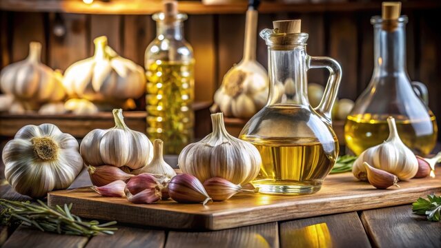 Preparing healthy garlicinfused oil with fresh raw garlic bulbs in a bakery kitchen setting for delicious culinary ingredients