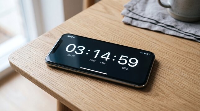 Modern smartphone displaying a countdown timer with 03 days 14 hours 59 minutes and 59 seconds remaining