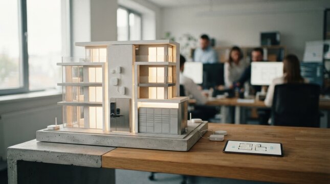 Proptech real estate concept with smart apartment facade, wireless sensors, digital door lock, parcel locker, and illuminated floor plan model.
