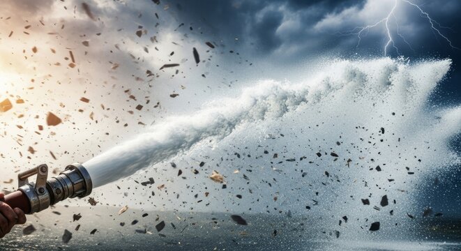 Dramatic cinematic shot of a heavy-duty firehose discharging high-pressure water against gale force winds and debris during an emergency, impact, equipment, persistence