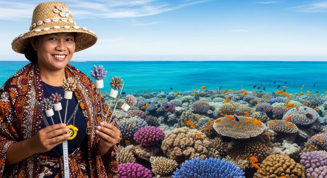 Smiling portrait with traditional attire and marine restoration tools against a vibrant reef backdrop and turquoise tropical ocean water, nature, sunlight, conservation