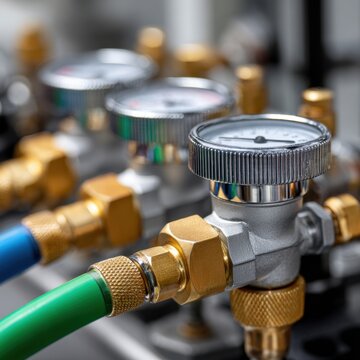 Industrial pressure gauges with colorful hoses connected to brass fittings monitoring gas or fluid flow in a mechanical system for accurate measurement and control