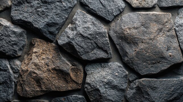 A close-up shot captures the rough texture of stacked dark grey stone wall masonry. Perfect for rustic architectural background designs.