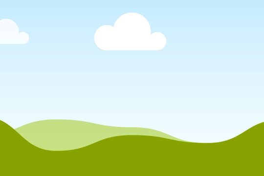 Minimalist cartoon landscape with rolling green hills beneath a soft blue sky with white fluffy clouds, simple flat vector background for nature and outdoor designs