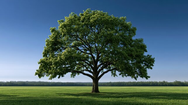 Lone large green tree standing in the middle of a vast grassy field under clear blue sky on a sunny day with distant forest horizon