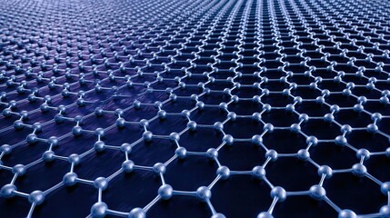 Naklejka premium Dark Blue Hexagonal Graphene Molecular Structure Model, Nanotechnology and Chemical Bond Connection Concept, Microscopic Material Science 3D Visual Asset