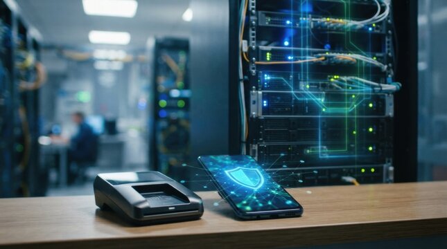 Contactless payment terminal, smartphone, server rack, shield icon, and network nodes for secure fintech infrastructure and digital banking resilience.
