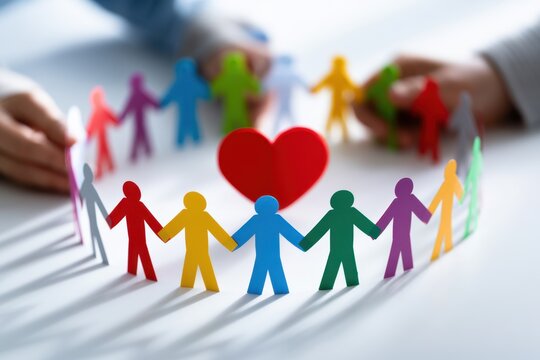 Colorful paper human figures holding hands in a circle surrounding a red heart symbolizing unity and love in community connection and support concepts