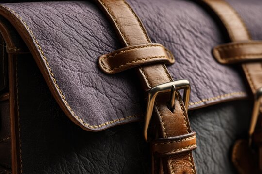 Detailed view of a leather satchel with rich texture and brown straps featuring metal buckle closures showcasing craftsmanship and durability in bag design