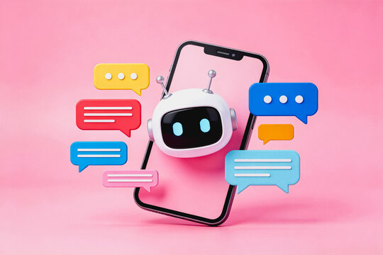 A virtual chatbot interacts with a smartphone, featuring colorful speech bubbles for digital communication and AI-powered dialogue.