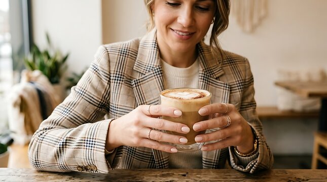 Smiling Woman Holding Latte Coffee Cup in Cafe Lifestyle Photo for Website Banner Social Media Marketing Presentation