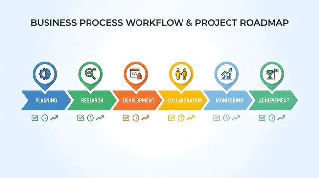 Business process workflow and project roadmap with icons