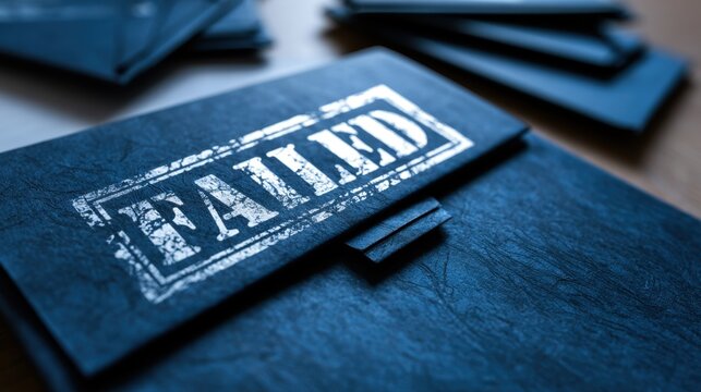 Dark blue envelopes with white distressed stamped text symbolizing rejection or unsuccessful outcome in business or personal correspondence on a wooden surface