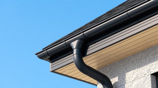 A modern roof gutter system installed on a stone building against a clear blue sky. This detail highlights high-quality exterior home improvement construction materials.