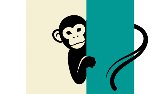 Minimalist Flat Vector Illustration of a Cute Curious Black Monkey Peeking from Behind a Teal Vertical Border on a Cream Background, Playful Animal Character Graphic Design