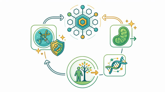 A stylized vector illustration of a green and gold molecular structure at the center, surrounded by icons representing DNA, a mitochondria, a shield with a wrench