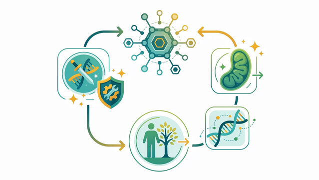 A stylized vector illustration of a green and gold molecular structure at the center, surrounded by icons representing DNA, a mitochondria, a shield with a wrench