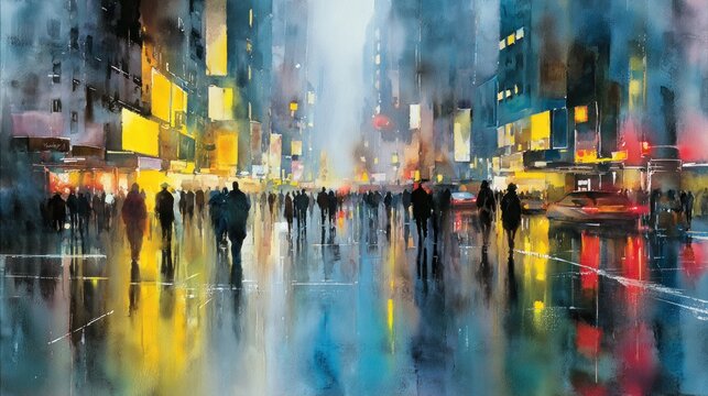 City street at night, vibrant colors, rain, crowds