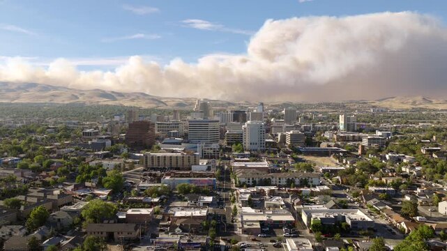 Reno Nevada - Aerial Approach Over Virginia Towards Downtown with Smoke from Hawk Fire 2026