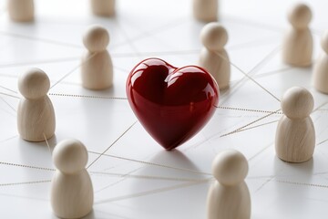 Obraz premium Glossy red heart surrounded by wooden human figures connected with fine strings symbolizing interconnectedness empathy and emotional bonds in a network