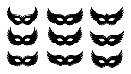 Obraz premium Multiple Black Mask Icons with Winged Design Pattern.