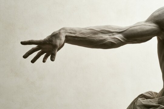 Muscular, veiny forearm and hand reaching out against a textured backdrop
