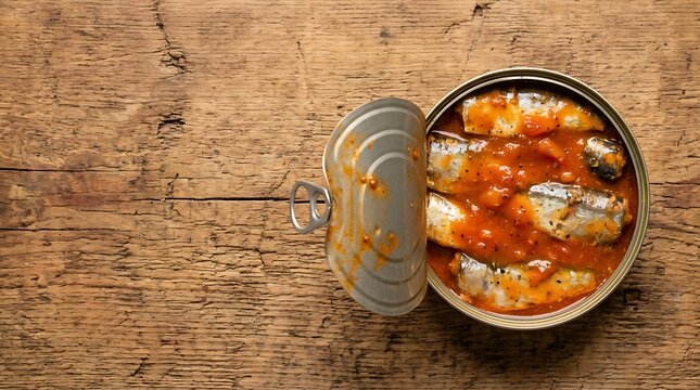 Sardines in Tomato Sauce Canned Fish Open Tin on Rustic Wood Table Top View for Food Blog and Culinary Web Banner Design