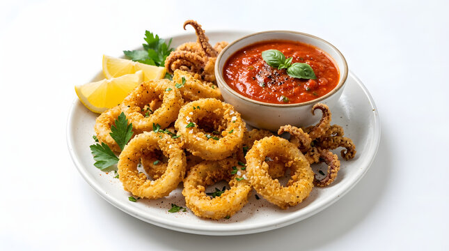 Crispy Fried Calamari Rings and Tentacles with Spicy Marinara Sauce and Lemon on White Background