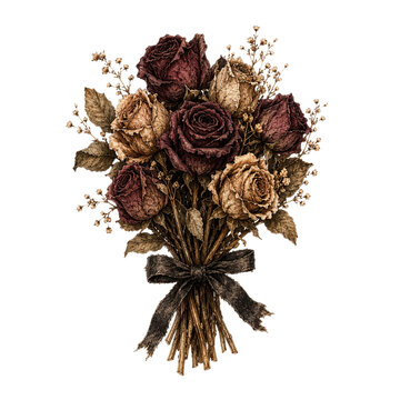 Dried dark rose bouquet illustration with black ribbon on white background