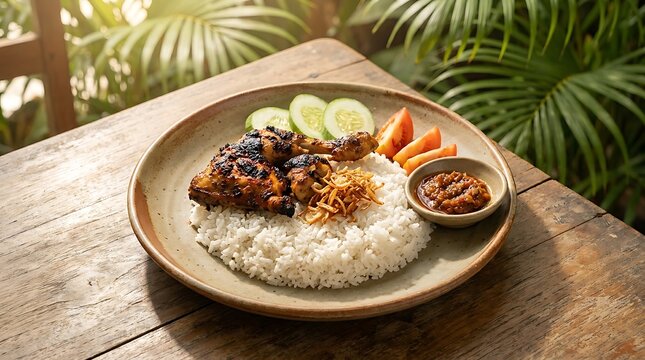 Traditional indonesian ayam bakar grilled chicken served on a plate with vegetables and sauce. Basic Indonesian Dish