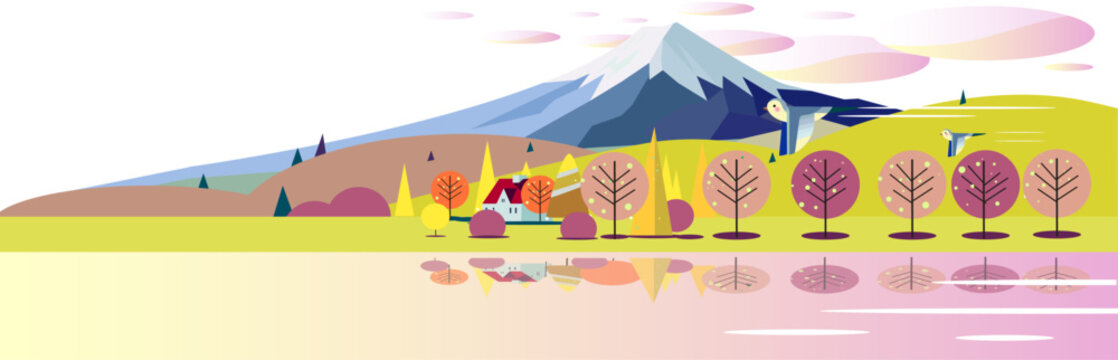 富士山と湖畔の紅葉風景のフラットイラスト バナー背景